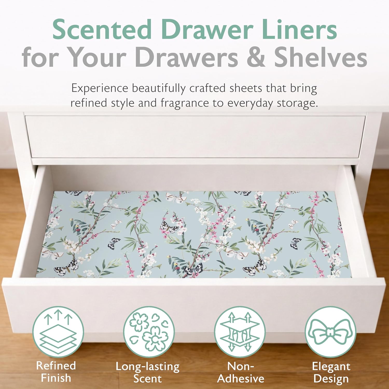 Scented Drawer Liners for Dresser Fragrant Paper Liner for Drawers Cabinet Shelf Linen Closet and Kitchen Scent Liners Non Adhesive (Gardenia Blossoms)