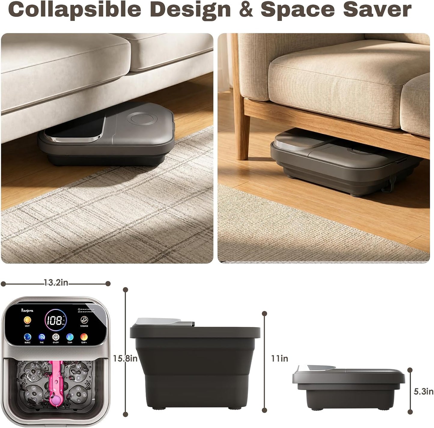 Ranjova Foot Spa Electric Rotary Massage, with Color Touch Screen and Remote Control, Foot Bath Massager with Heat, Bubble, Adjustable Temp, and 24 Motorized Shiatsu Massage Balls (Dark Grey)