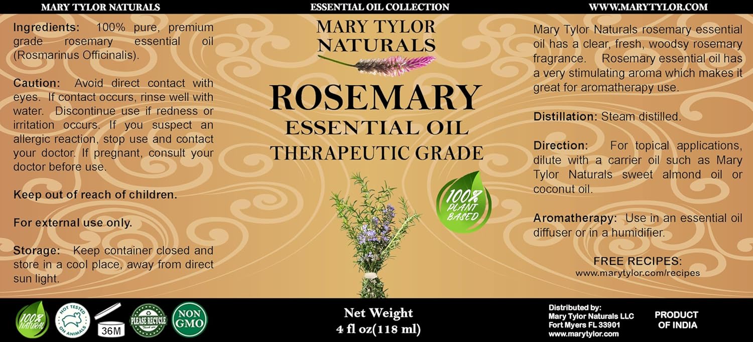 Rosemary Essential Oil (4 oz) Premium Therapeutic Grade, 100% Pure and Natural, Perfect for Aromatherapy, Diffuser, DIY by Mary Tylor Naturals