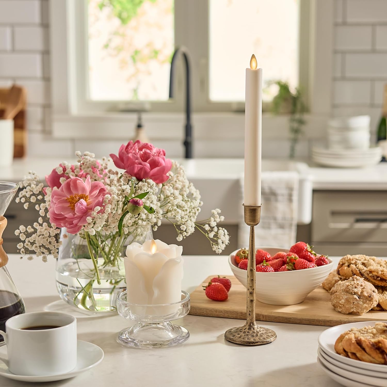 Luminara Snow White Rose Flameless Candle - 3.6" x 4.3" Rosebud Pillar - Real Flame Technology w/Flickering LED Light - Perfect for Mother's Day