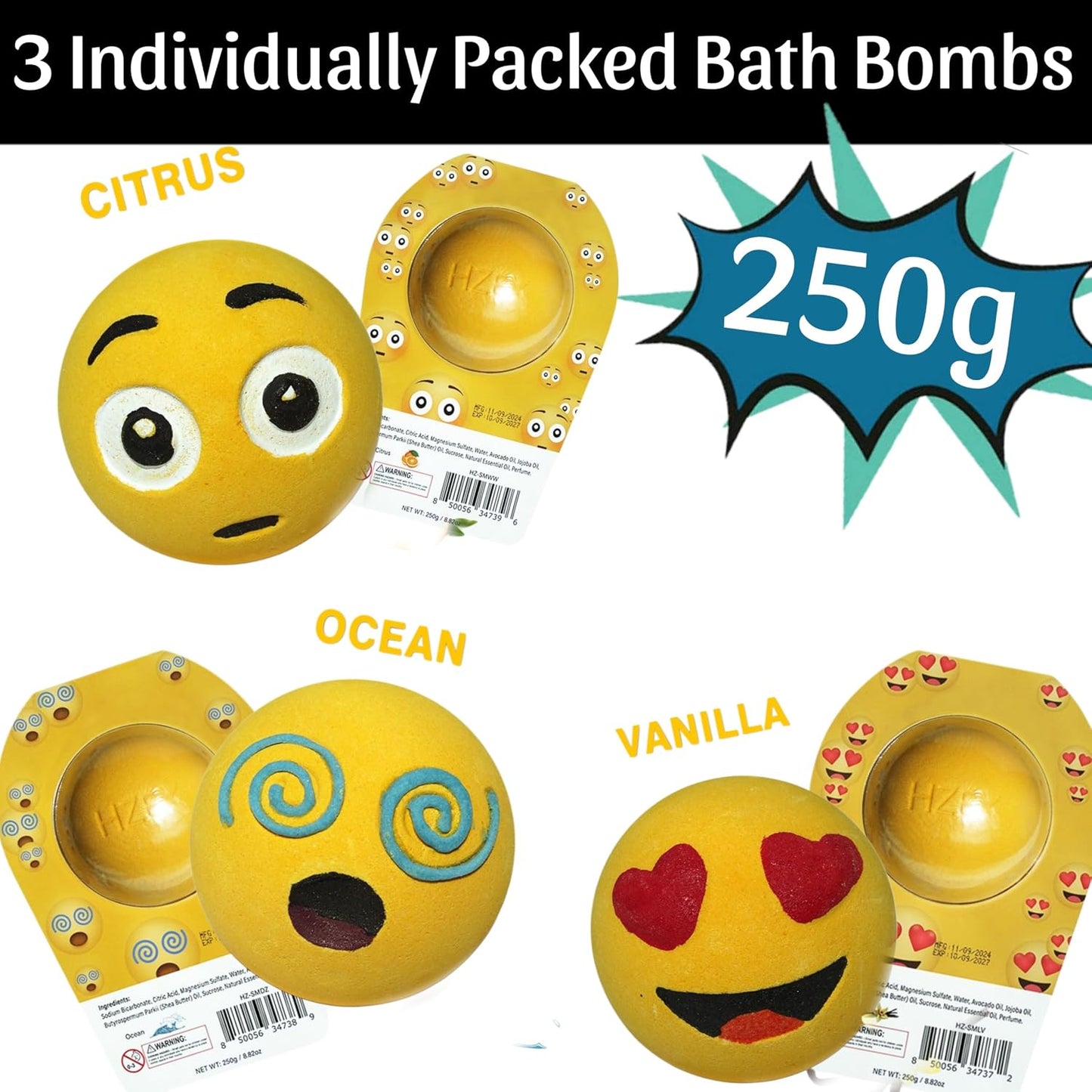 HZEX 3 Large Emotion Face Bath Bombs (250g) – Fun Emoji-Inspired Spa Fizzies – Handmade with Shea Butter, Cocoa Butter & Essential Oils – Moisturizing Gift Set for Women, Men & Kids