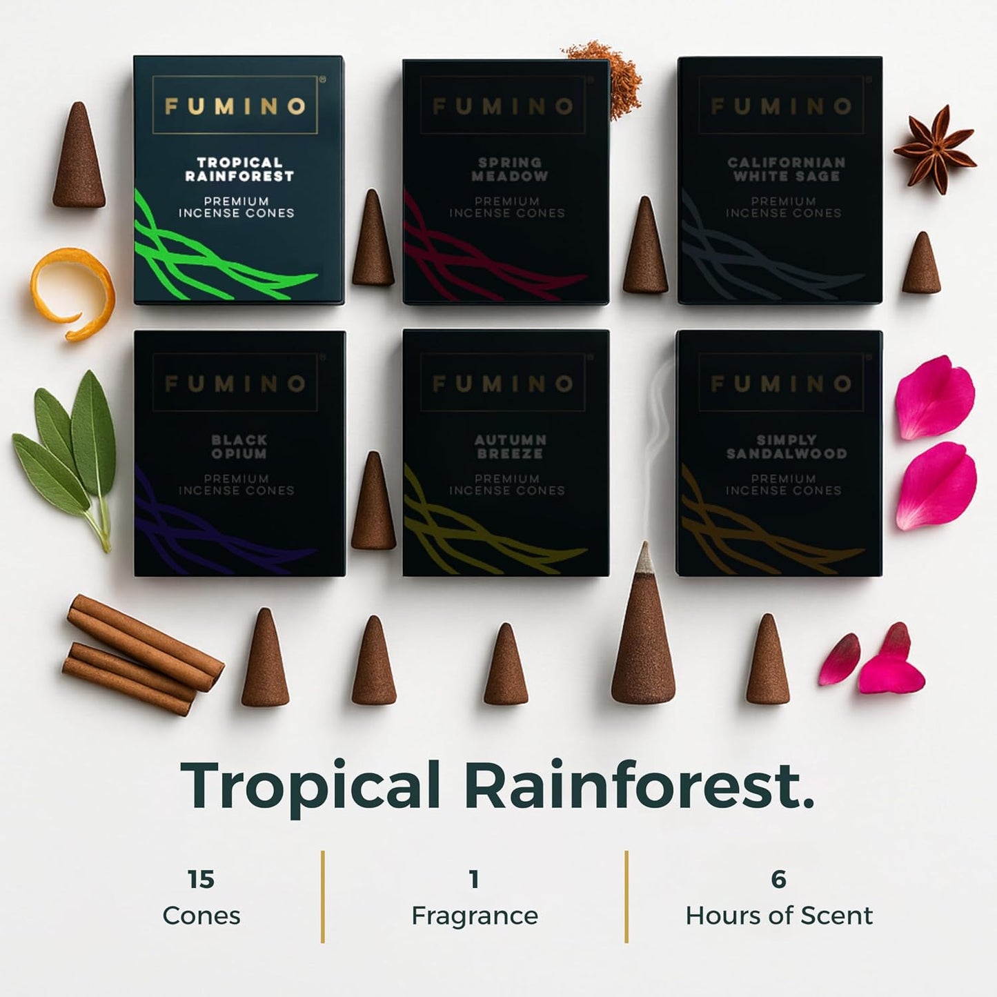Fumino Tropical Rainforest Incense Cones 15 Pack - Handmade Natural Masala Incense Cones for Meditation & Home Fragrance, Low-Smoke Fresh Green & Citrus Scent, Bureau Veritas Certified