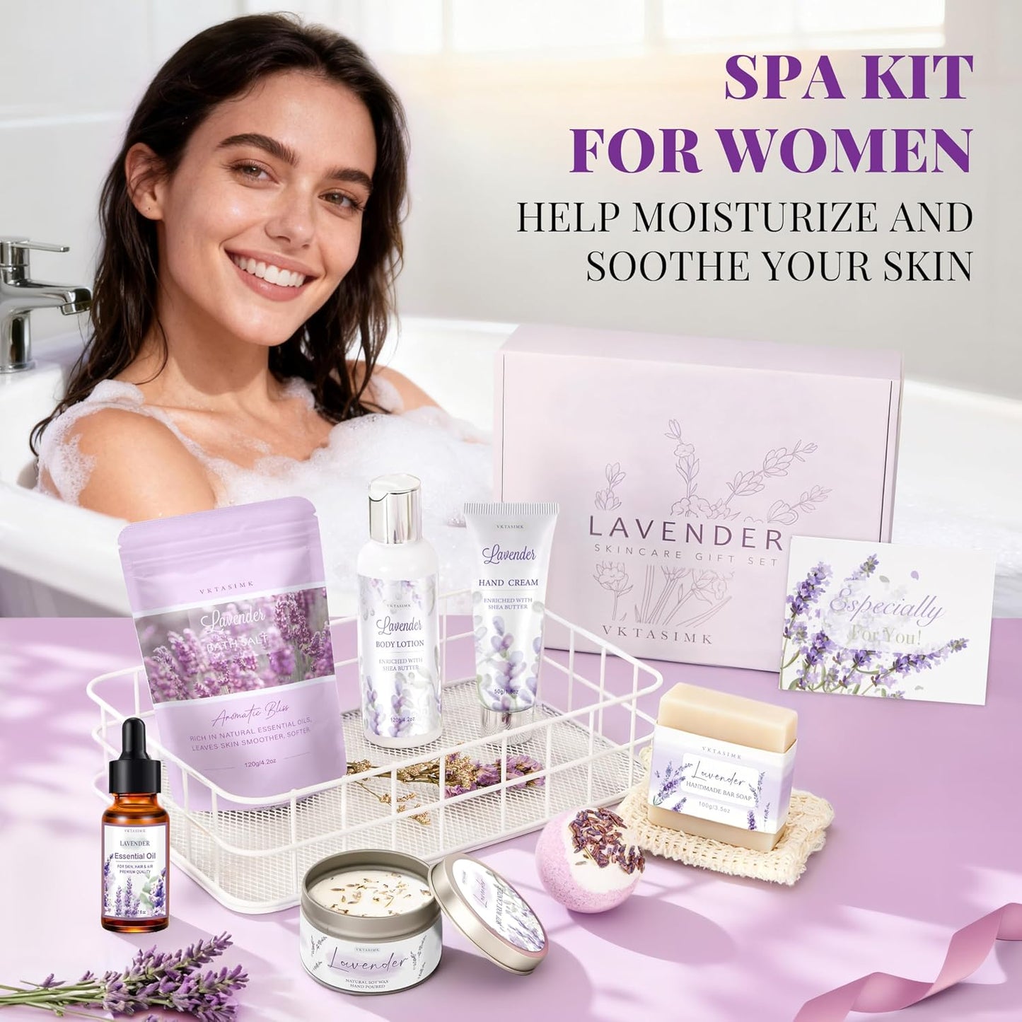 Gifts for Women, Lavender Bath and Body Gift Basket Relaxing Spa Self Care Gift, Mothers Day Gifts Happy Birthday Gift Baskets, Thank You for Mom Her Sister Wife Girlfriend Teacher Friends Friendship