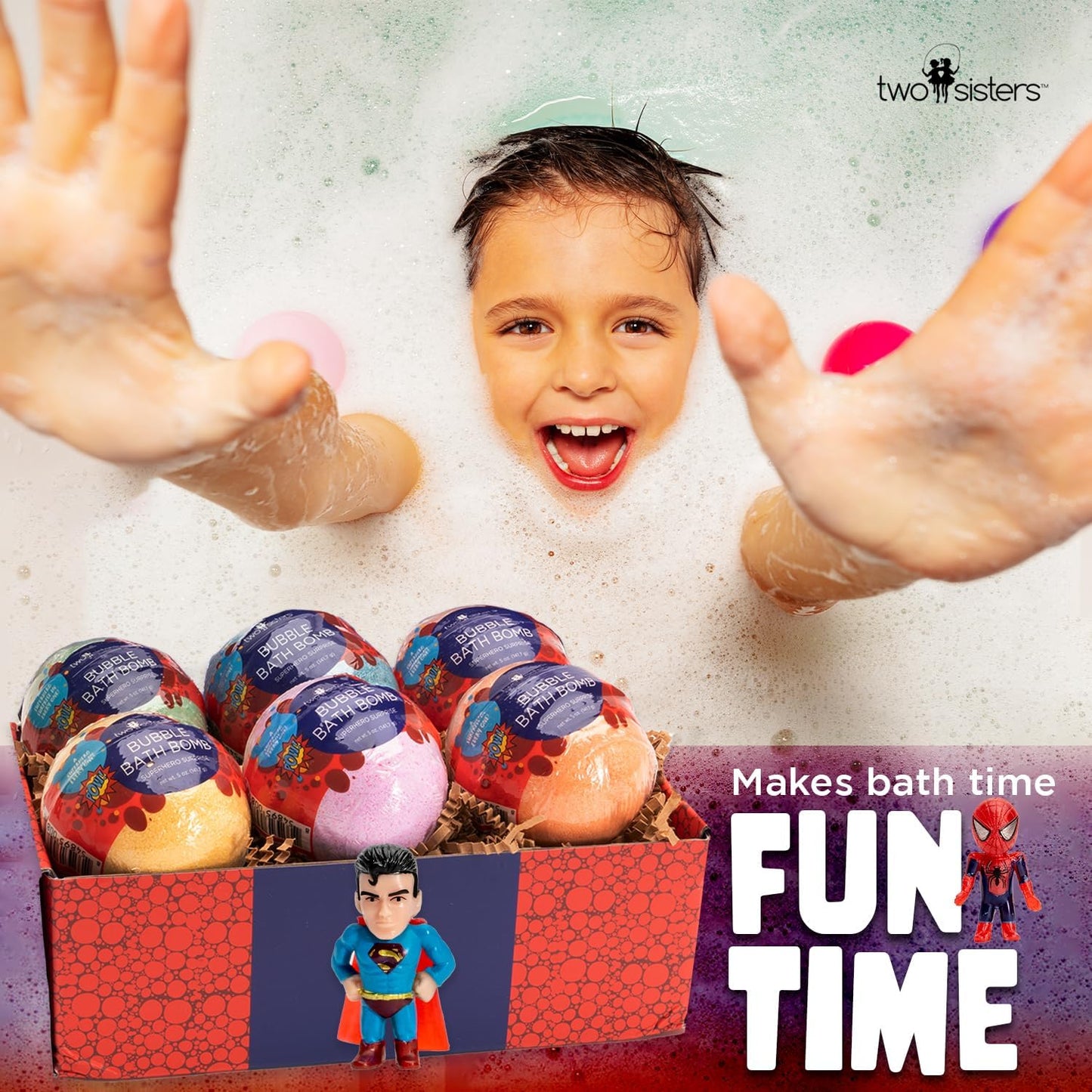 Superhero Bath Bombs for Kids with Surprise Toys Inside (6 Pack) - Large Bubble Bomb Fizzies for Boys, Girls, & Toddlers - Birthday Gift for Kids - Fruity Scent, USA Made by Two Sisters