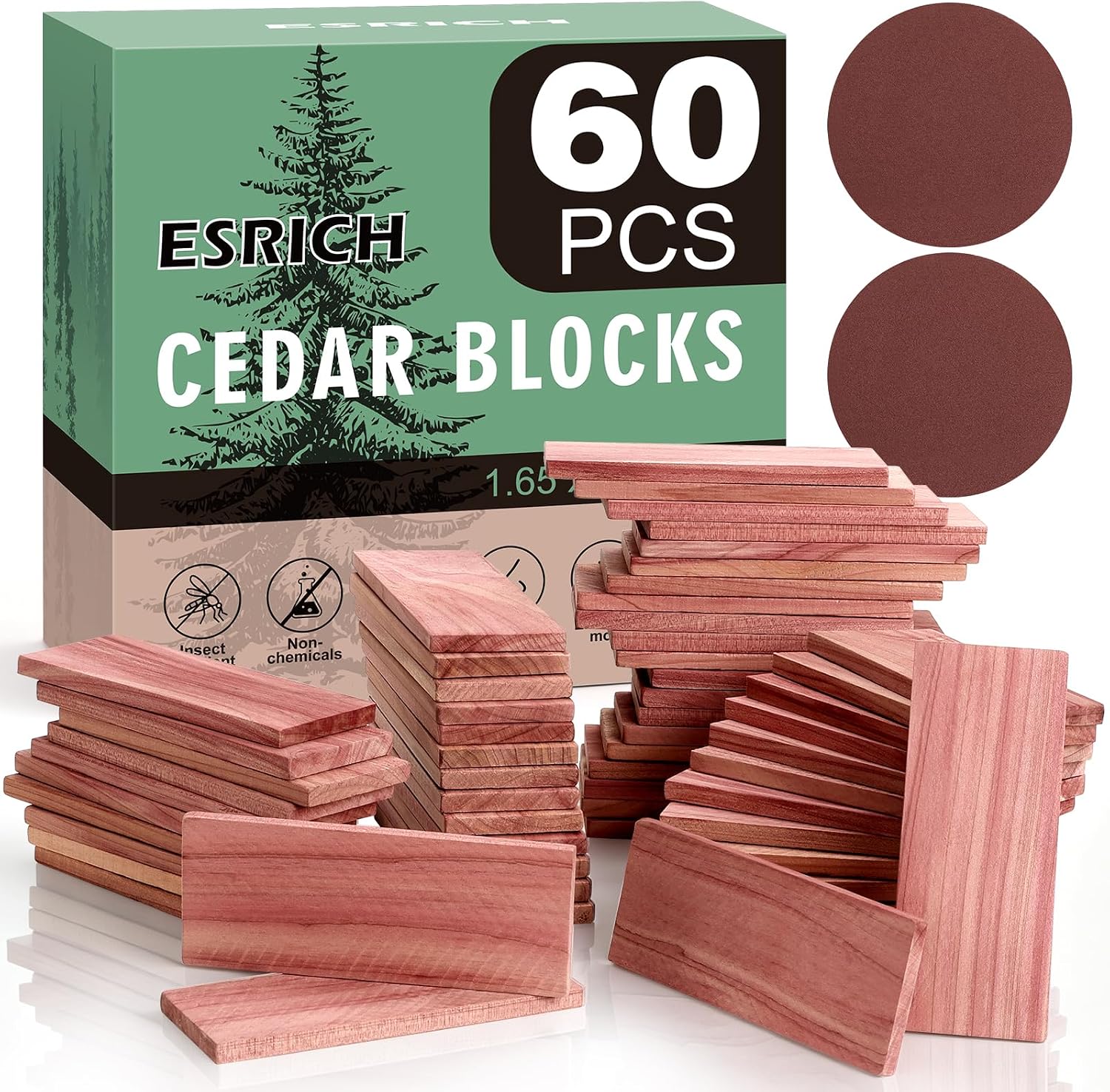 ESRICH Cedar Blocks for Clothes Storage, 60 Pack 100% Natura Cedars Wood for Closets,Cedars Planks with Sandpaper,Cedar Chips for Closets and Drawers