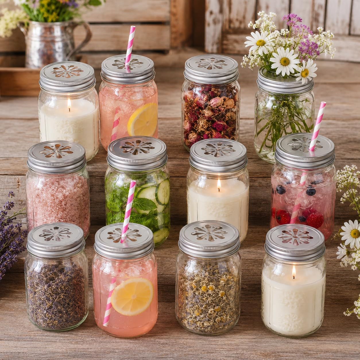 Sunshine Mason Co. Daisy Flower Cut Vintage Farmhouse Mason Jar Lids 12 Pieces, Silver