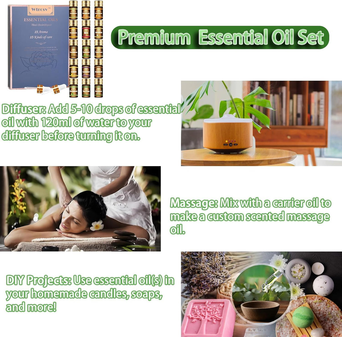 Essential Oils Set - Top 15 Scents for Diffuser, Humidifier, Skin Care, Aromatherapy, Massage, Candle &amp; Soap Making - Fragrance Gift Set (5ml)