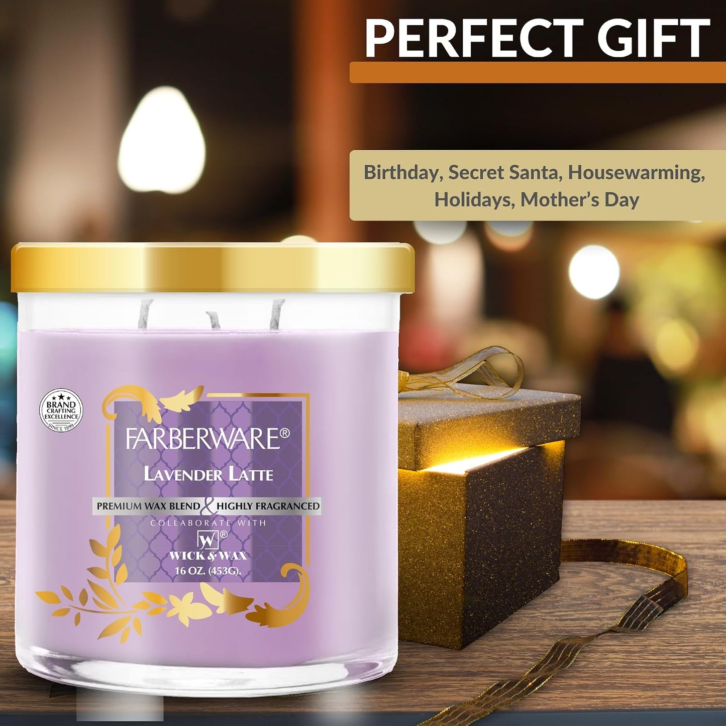 16oz Lavender Latte Jar Candle by Farberware – Soy Wax Blend, Three Wick Highly Scented Candle for Entertaining, Personal Relaxation – Up to 65 Hours Burn Time – for Any Fragrance Lover
