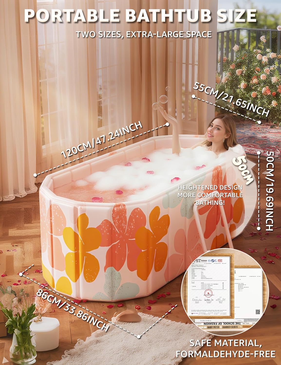 Portable Foldable Bathtub for Adults,47"Lx22"Wx20"H,Pink | Portable Design,5-Layer Insulation, Reinforced Metal Frame, For Bathroom Shower Hot SPA Ice Bath Soaking Cold Plunge