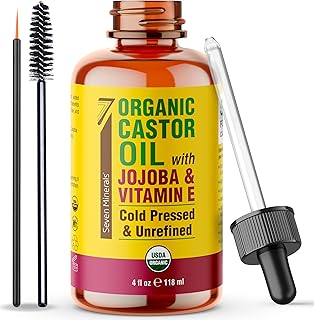 Seven Minerals Organic Castor Oil with Jojoba & Vitamin E for Eyelashes, Eyebrows, Face & Hair Growth - Glass Bottle, Cold Pressed & Hexane Free - Hydrates & Boosts Natural Hair Growth - 4 fl oz