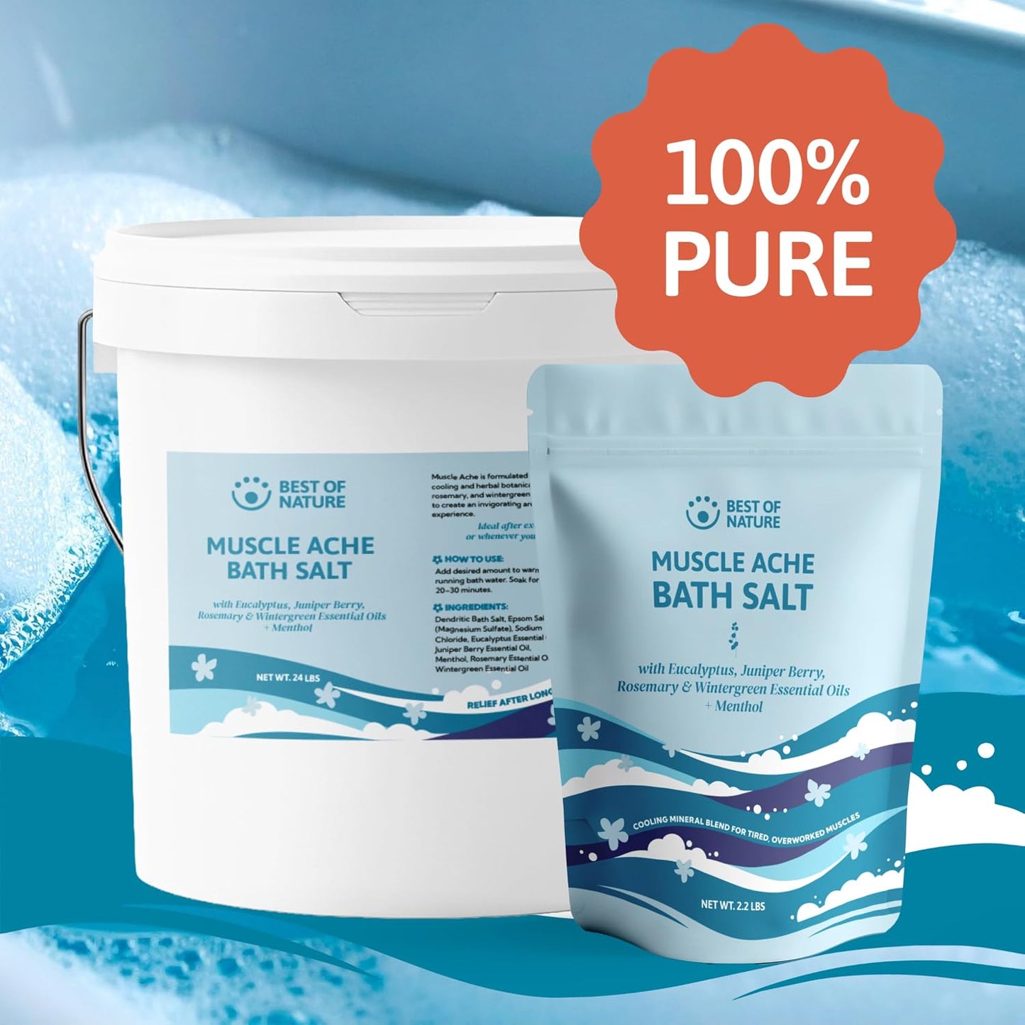 Best of Nature Muscle Ache Epsom Salt Bath Soak with Eucalyptus, Rosemary, Wintergreen & Menthol, Mineral-Rich Bath Salts, Bulk Pail, 24 lb