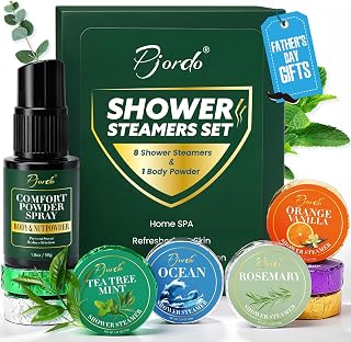Pjordo Shower Steamers for Men, Fathers Day Gift for Dad, 8 Pcs Shower Bombs with Natural Essential Oil & 1 Pcs Body Powder for After Shower, Self Care Aromatherapy Relaxation Home Spa