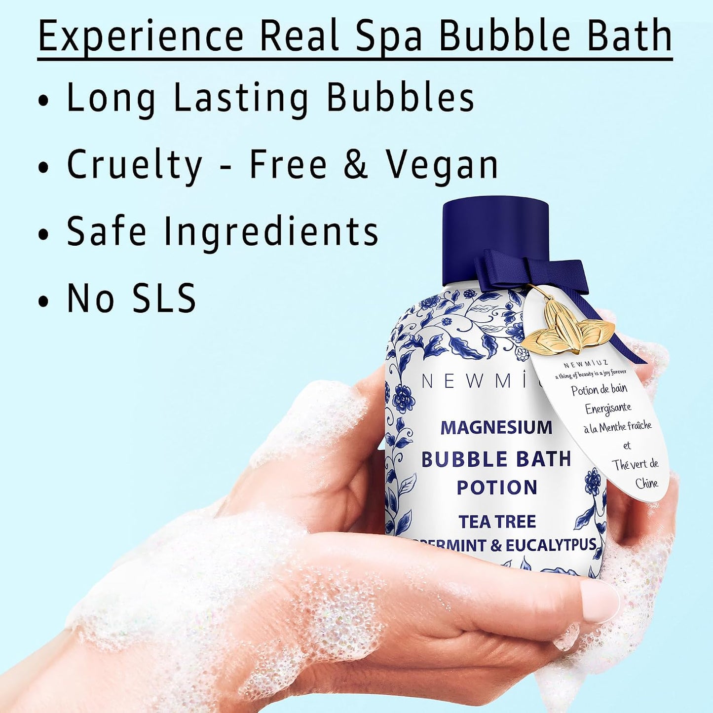 Magnesium Bubble Bath Long Lasting Foam for Sore Muscles Recovery Tea Tree Peppermint Eucalyptus Relaxing Stress Relief Calming Self Care Spa Gift