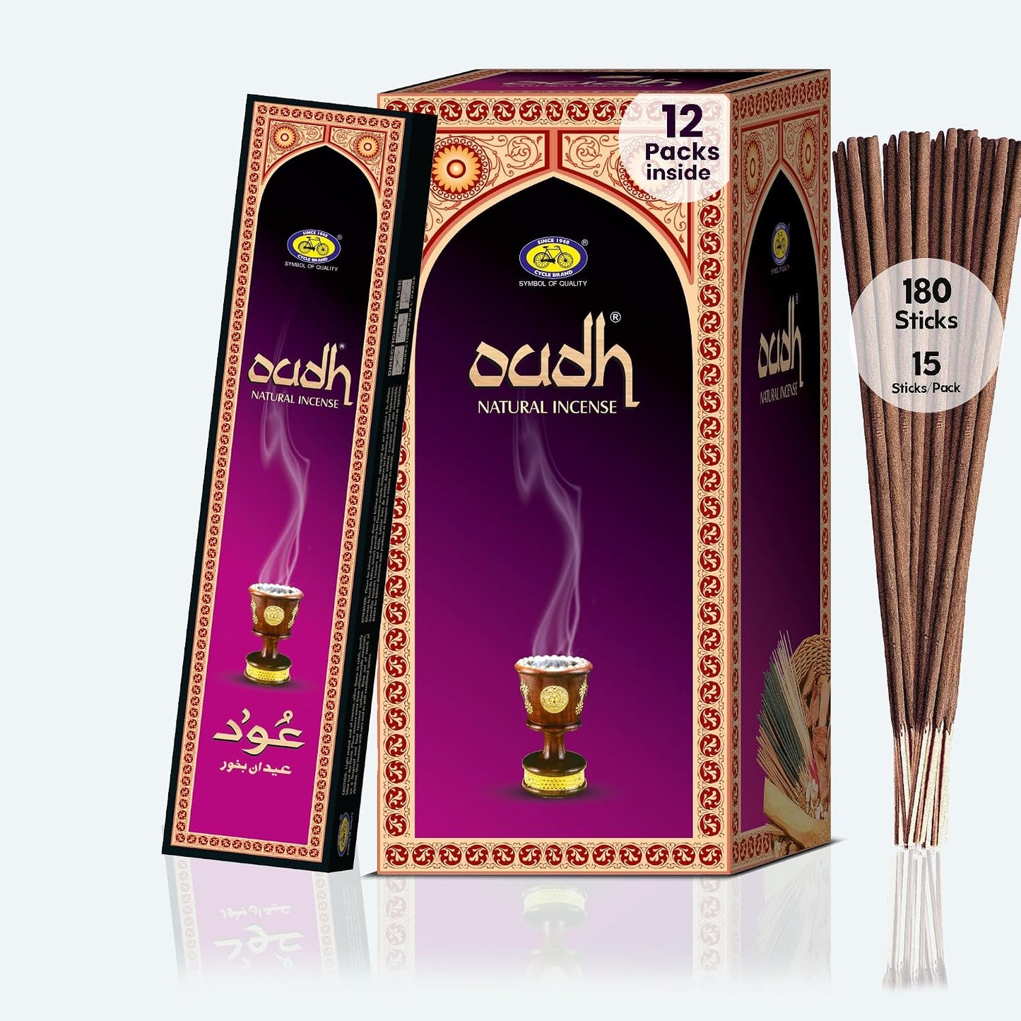 Cycle Oudh Incense Sticks – Premium Agarwood Incense for Daily Prayer & Deep Relaxation - 15 Agarbathi/Pack, 12 Packs/Box (9 Inch - 180 Oud Masala Incense Sticks) | 50 Minutes Burning Time