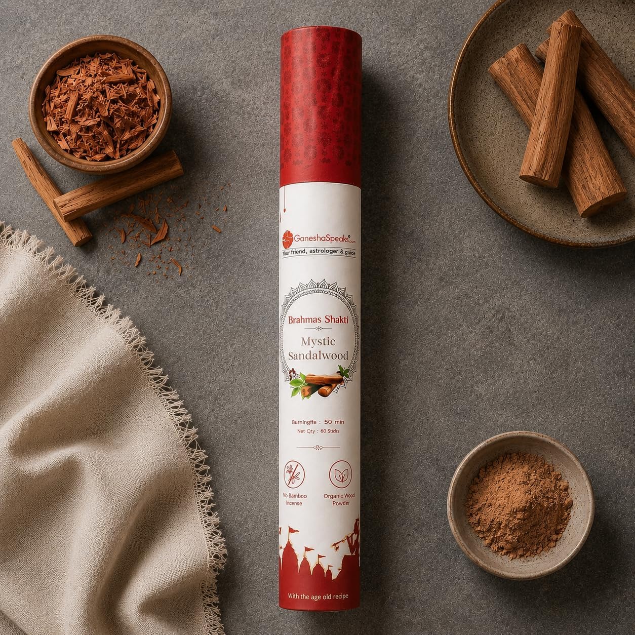 GaneshaSpeaks Premium Bambooless Incense Sticks with Sandalwood Fragrance 40 Pieces Handcrafted by Skilled Artisans Eco-Friendly Agarbatti Free Ceramic Stand