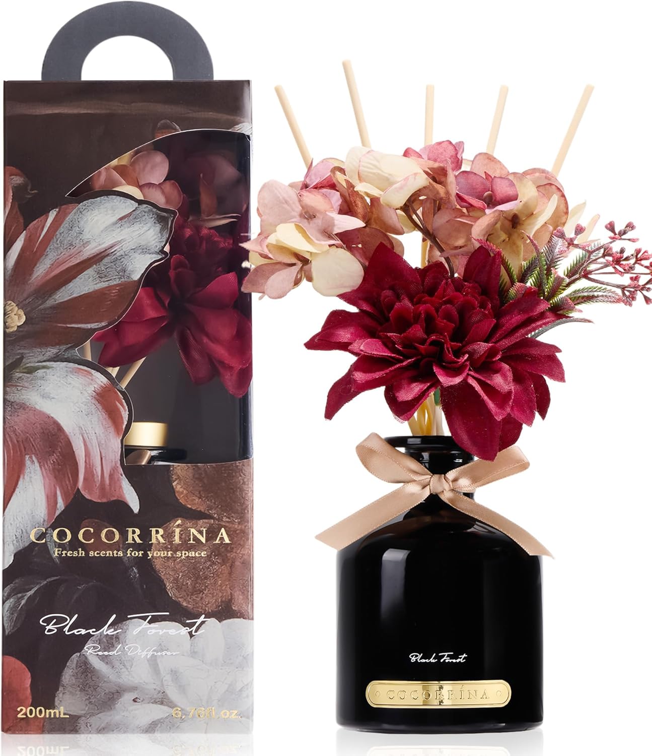 COCORRÍNA Reed Diffuser Set, 6.7oz Flower Reed Diffuser with Sticks,Black Forest Essential Oil, Long Lasting Home Fragrance for Bathroom, Bedroom & Shelf Decor, Aesthetic Gift for Women