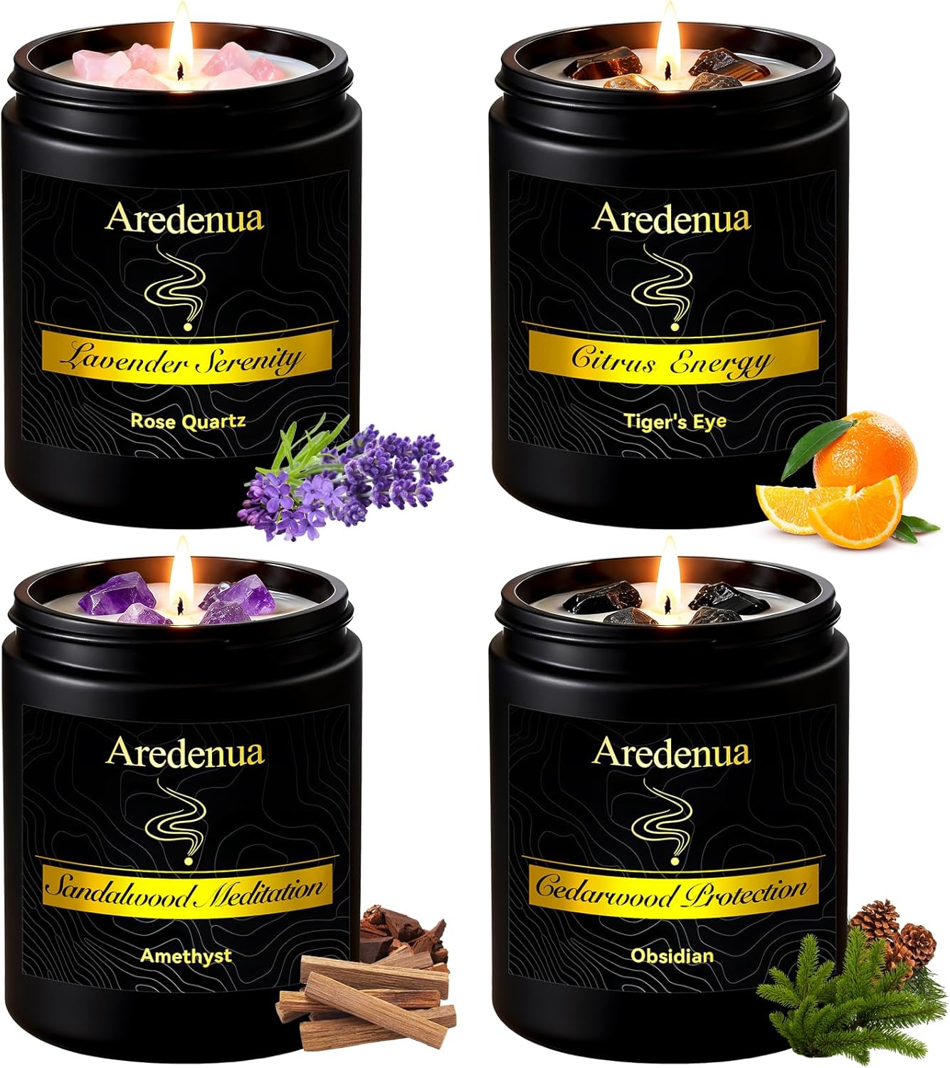 Scented Candles Set, 4 Pack Crystal Healing Candles with Rose Quartz Amethyst Tiger Eye Obsidian, 7oz Natural Soy Wax Candles, Lavender Citrus Sandalwood Cedar, Meditation Gifts for Women Men