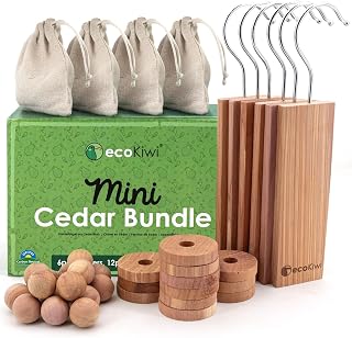 ecoKiwi Cedar Blocks for Clothes Storage Mini Bundle Box - Cedar Hangers x6, Balls x16 & Rings x12-100% Natural Oil Planks & Chips for Closets & Drawers - Aromatic Red Cedar Wood with Sandpaper