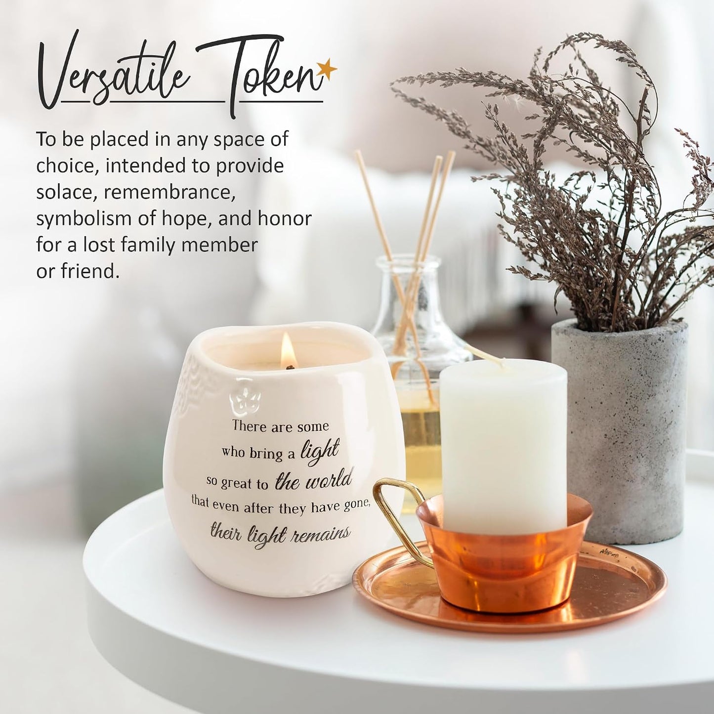 Pavilion Gift Company - 'In Memory, Light Remains' 19176 - White Ceramic Candle with Soy Wax in a Delicate Jasmine Scent, Thoughtful Sympathy, Remembrance, and Condolence Gift - 8 Ounces