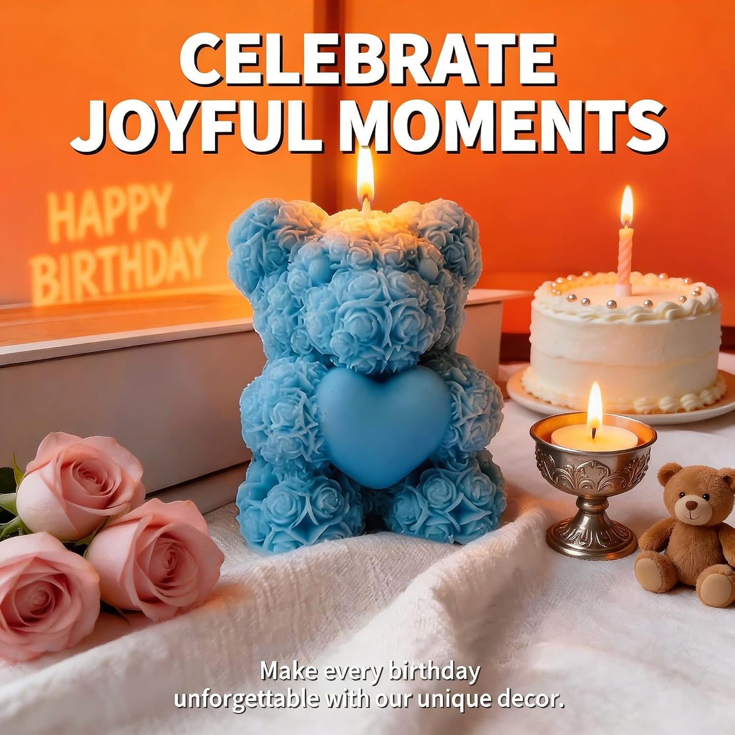 Cute Bear with Heart Scented Candle,60G Teddy Bear Rose Clusters Aesthetic Handmade Soy Wax Aroma Decorative Candle for Table Photo Prop Wedding Birthday Gift,Prefect for Meditation Stress-Blue
