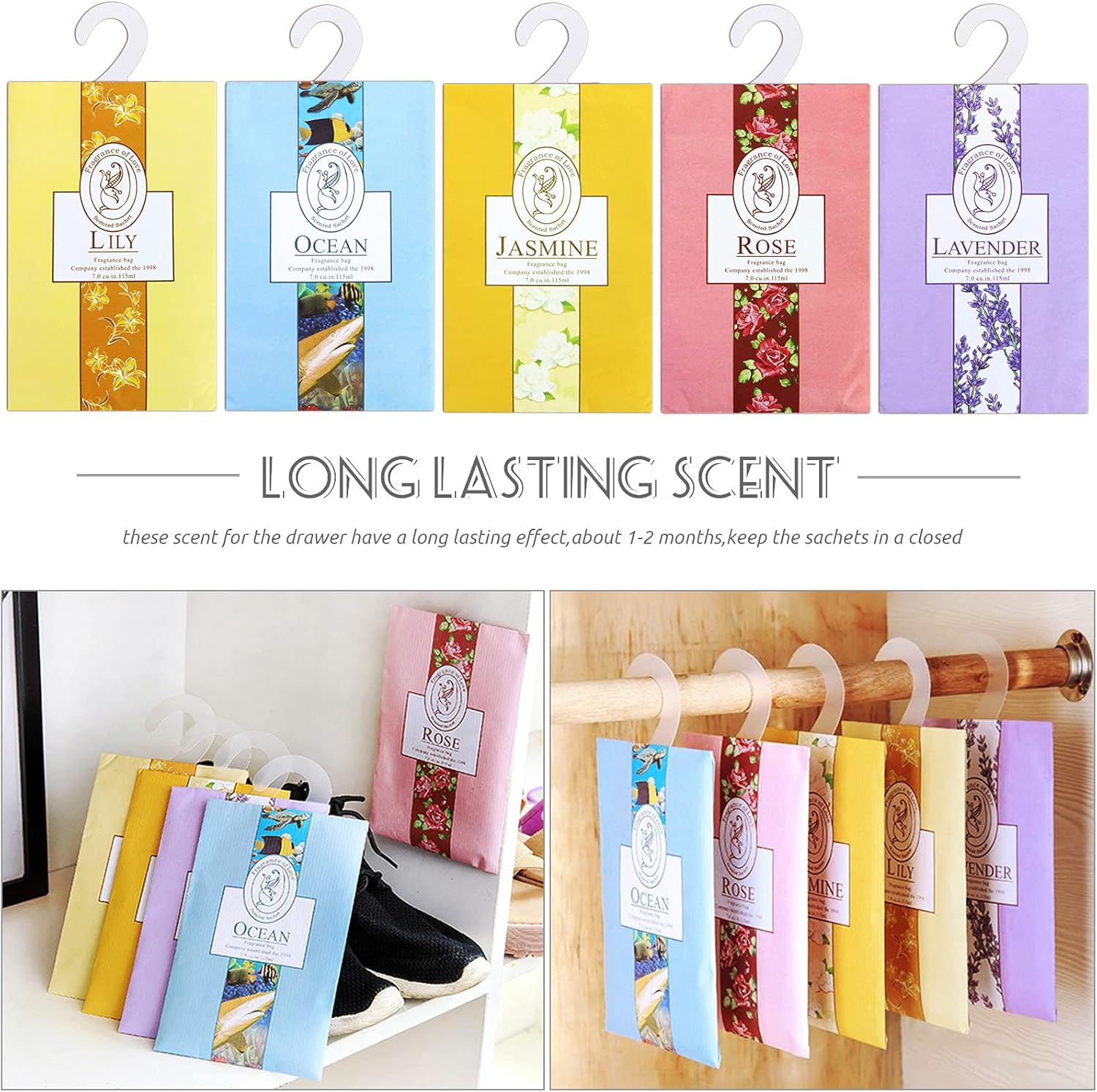 15 Pack Closet Air Freshener, Flower Scented Sachets Bags for Drawer and Closet, Fresh Scents Freshener with Hanger