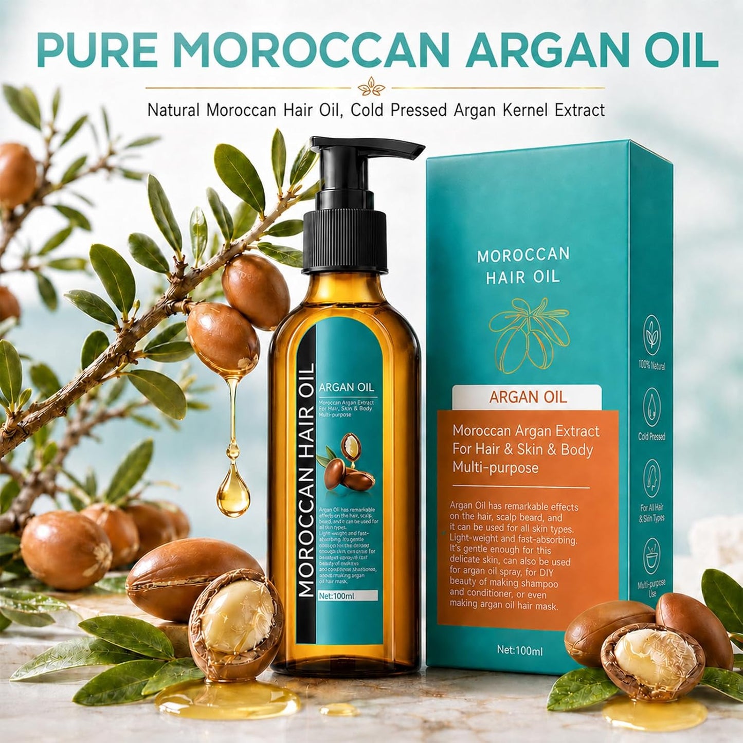 Moroccan Argan Oil, Hair Oil for Frizzy Hair, Morroccan Hair Care Oil Natural Serum Help Split Ends Dry Scalp Hair Care Products Strengthen Dry Damaged Curly Long Curly Hair Treatment Heat Protectant
