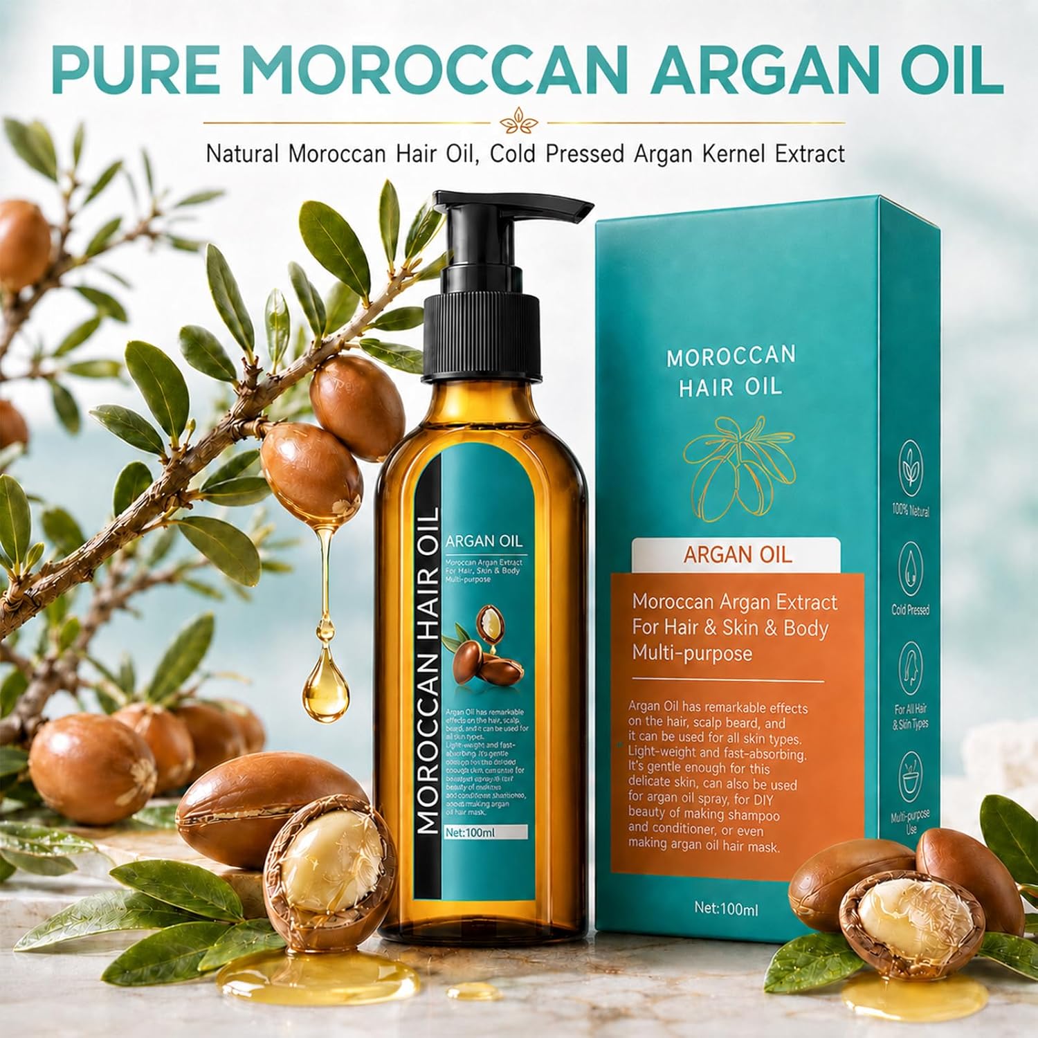 Moroccan Argan Oil, Hair Oil for Frizzy Hair, Morroccan Hair Care Oil Natural Serum Help Split Ends Dry Scalp Hair Care Products Strengthen Dry Damaged Curly Long Curly Hair Treatment Heat Protectant
