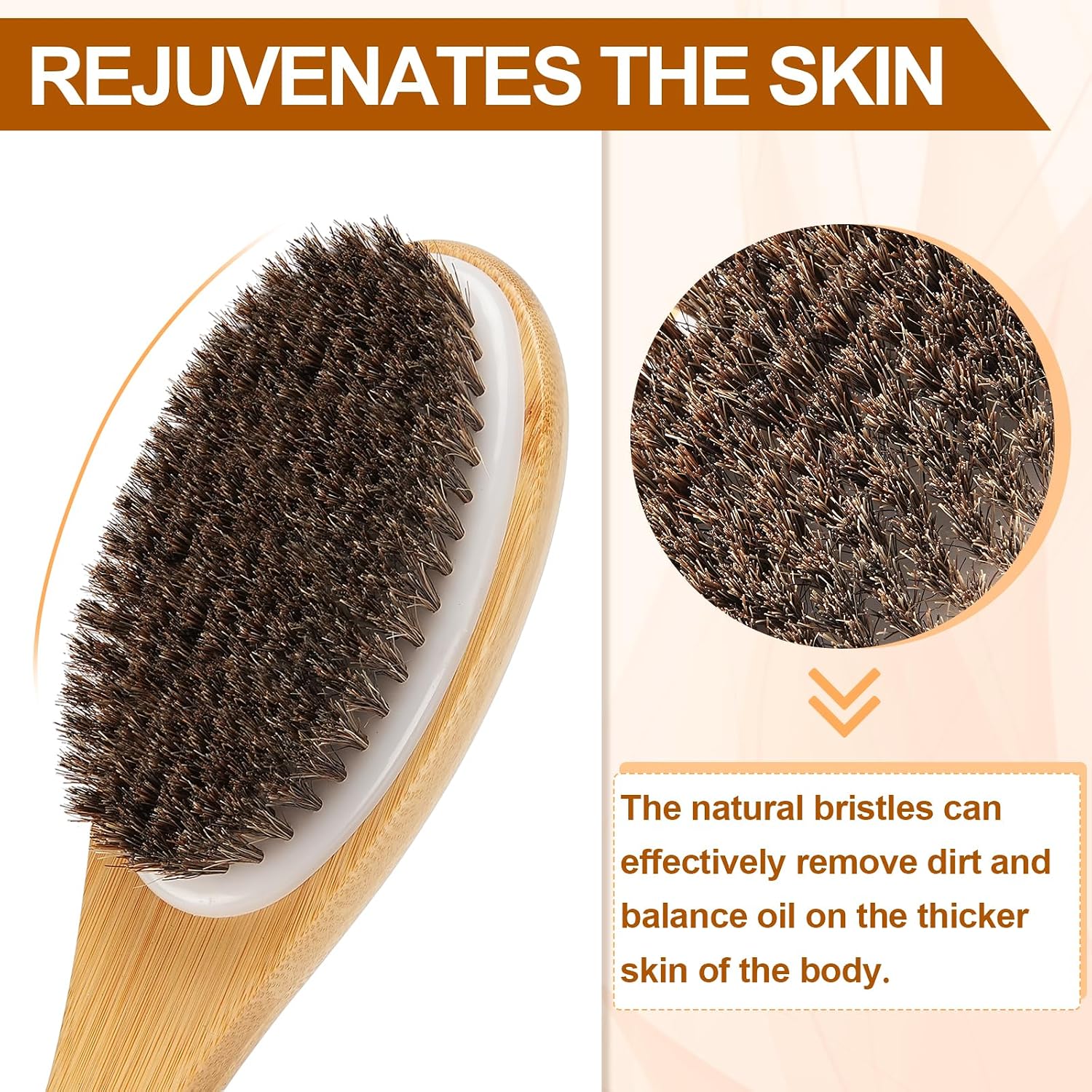 eaxun Bamboo Shower Brush with Curved Long Handle, 16.7 Inches Exfoliating Back Scrubber with Natural Bristles for Men & Women, Back Exfoliator Body Washer for Bath or Dry Brushing