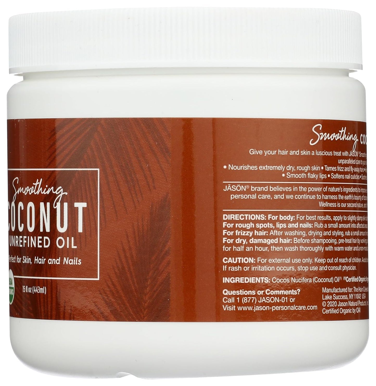 Jason Organic Unrefined Oil, Smoothing Coconut, 15 Oz