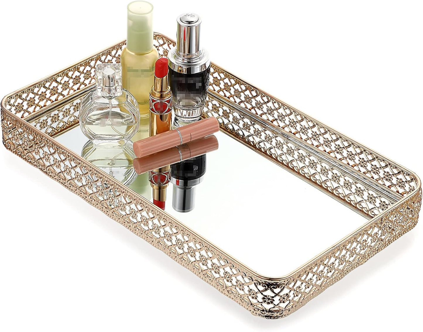 ELLDOO Gold Perfume & Makeup Vanity Tray - Hollow-Carved Jewelry Storage, Glass & Metal Trinket Organizer for Dresser & Bathroom Countertop, Large Size