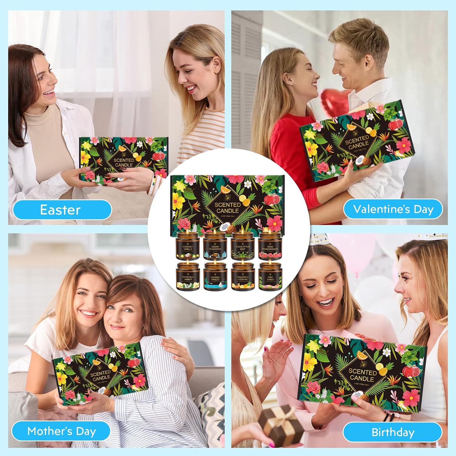8-Pack Scented Candle, 28oz Burn Time 160 Hours, 8 Scents:Pineapple Cocktail, Coconut Vanilla, Pink Sands, Bahama Breeze& More. Perfect Spring and Summer Gift for Family and Friends.