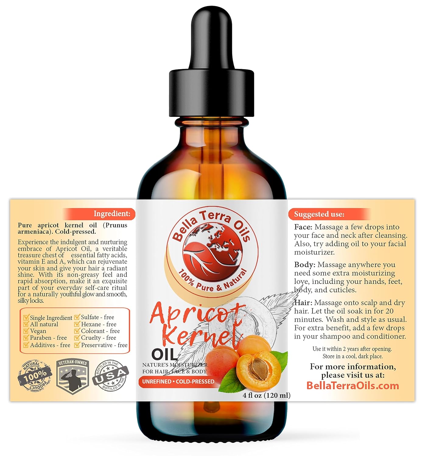Bella Terra Oils - Natural Apricot Kernel Oil 4oz - Dive into Natural Apricot's Nutritional Excellence, High in Vitamin C, Promotes Supple & Radiant Skin