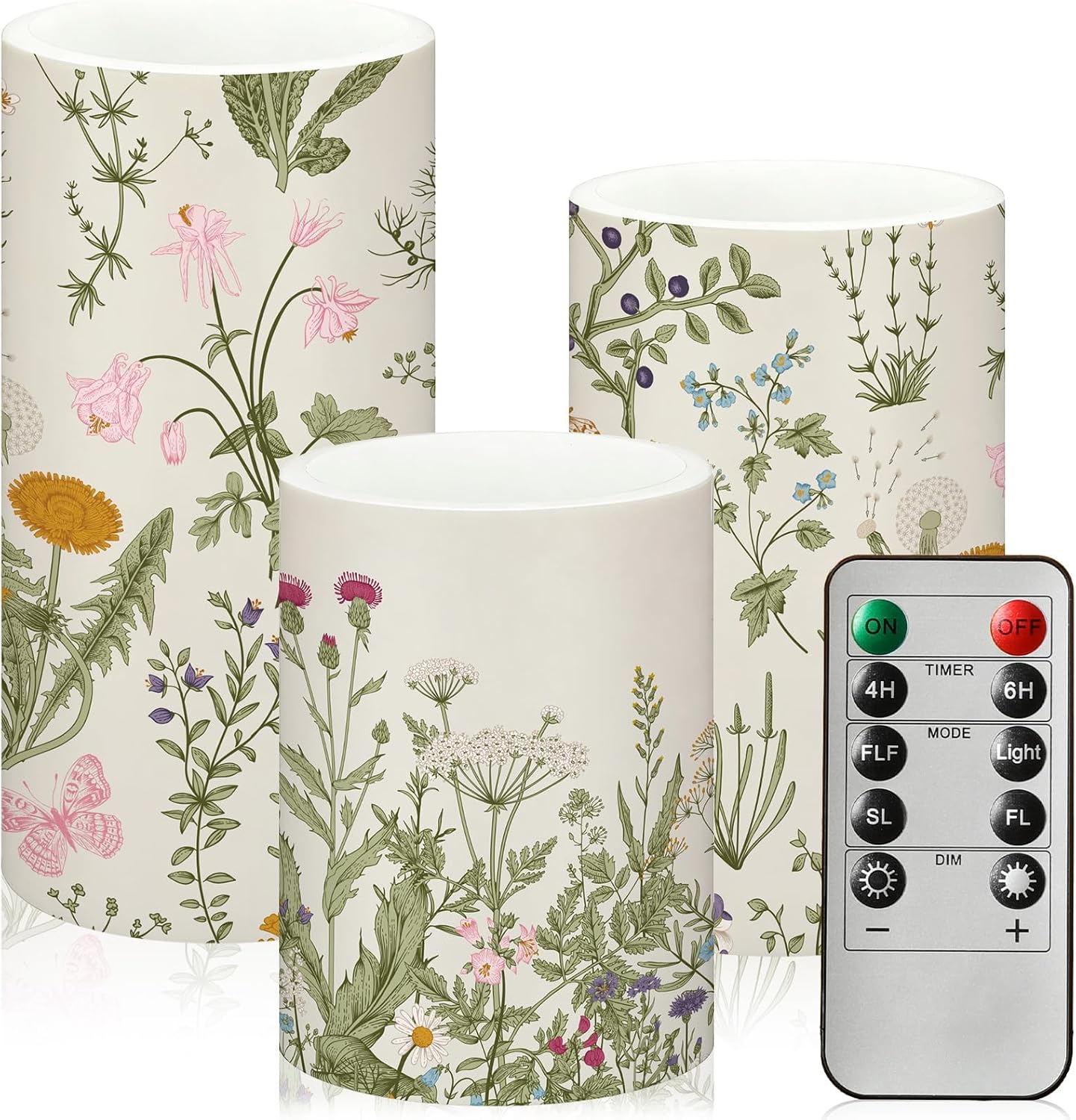Baquler Wildflowers Floral Glass Flameless Candles with Remote Timer Battery Operated LED Flickering Pillar Spring Summer Butterfly Dinner Holiday Decor