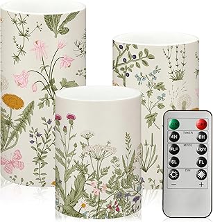 Baquler Wildflowers Floral Glass Flameless Candles with Remote Timer Battery Operated LED Flickering Pillar Spring Summer Butterfly Dinner Holiday Decor