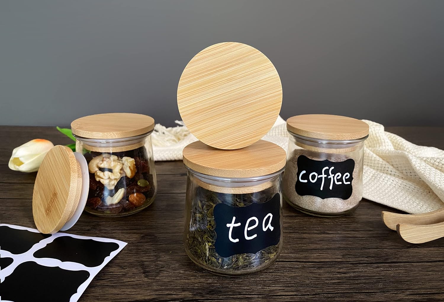 Oui Bamboo Wood Yogurt Jar Lids - 12 Pcs, Leak Proof, Equipped With Silicone Sealing Ring