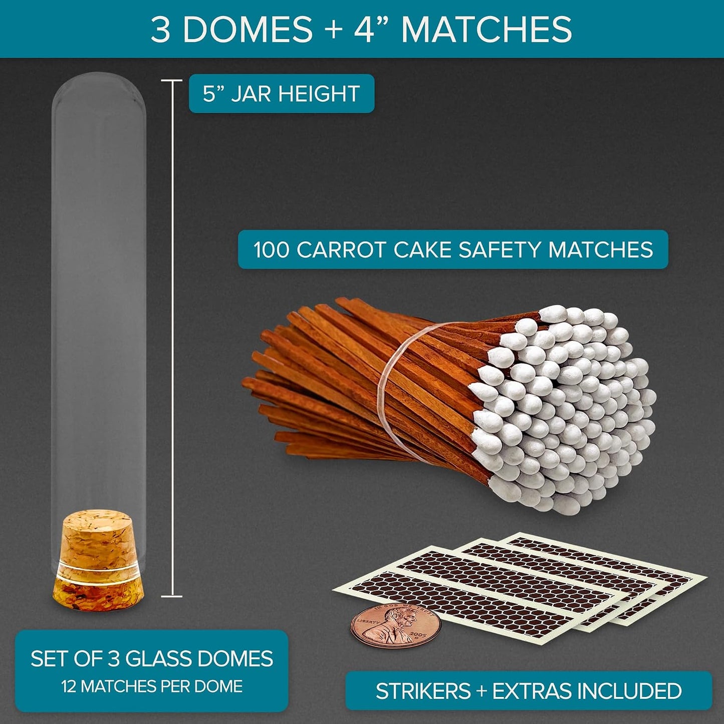 Decorative Matches in Mini Match Cloche Glass Jar Set | 4" Carrot Cake Long Matches (100 Match Sticks) + 3 Cork Top Dome Glass Holders + Striker Stickers | by Thankful Greetings, USA