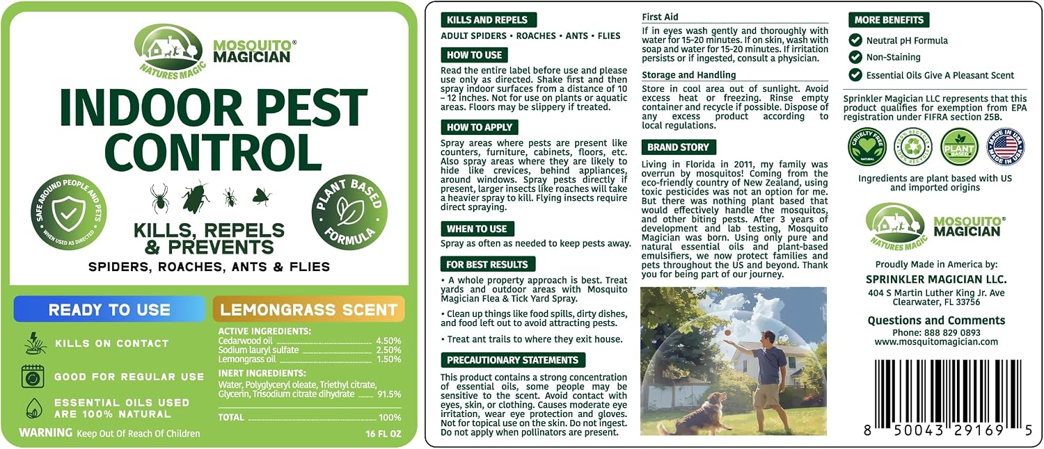 Mosquito Magician Indoor and Outdoor Spray (16 OZ) - Flea and Tick Spray - Use for Carpet, Furniture, Bedding, Couches & Pets – Plant-Sourced with Essential Oil – Lemongrass