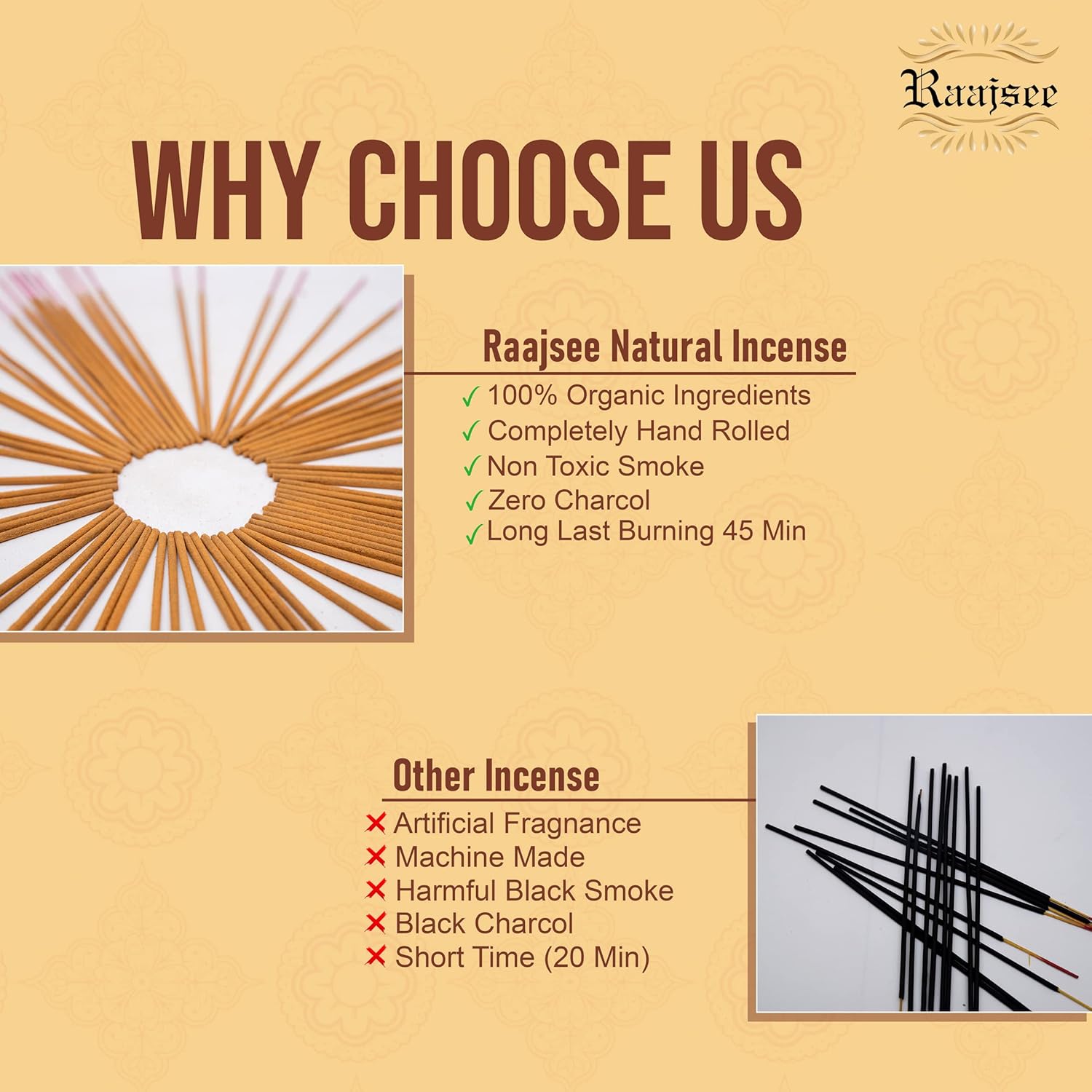 Raajsee Sandalwood Incense Sticks 100 Gm Pack-100% Pure Organic Natural Hand Rolled Free from Chemicals-for Church,Aroma Therapy,Relaxation,Meditation & Sensual Therapy
