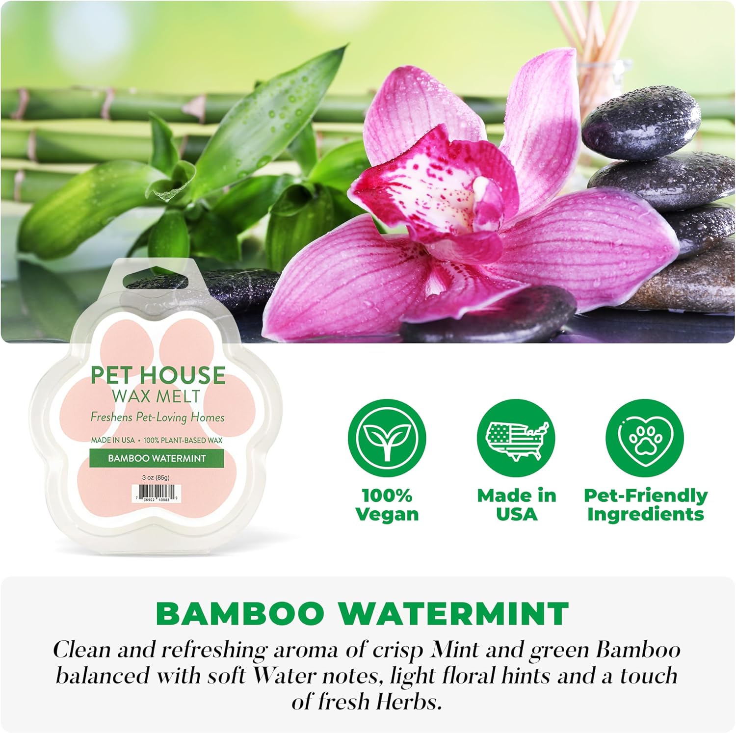 Pet House Wax Melts Bamboo Watermint, Mediterranean Sea - Long-Lasting Scented Wax Melts, Plant Based, Pet Friendly Pack of 2