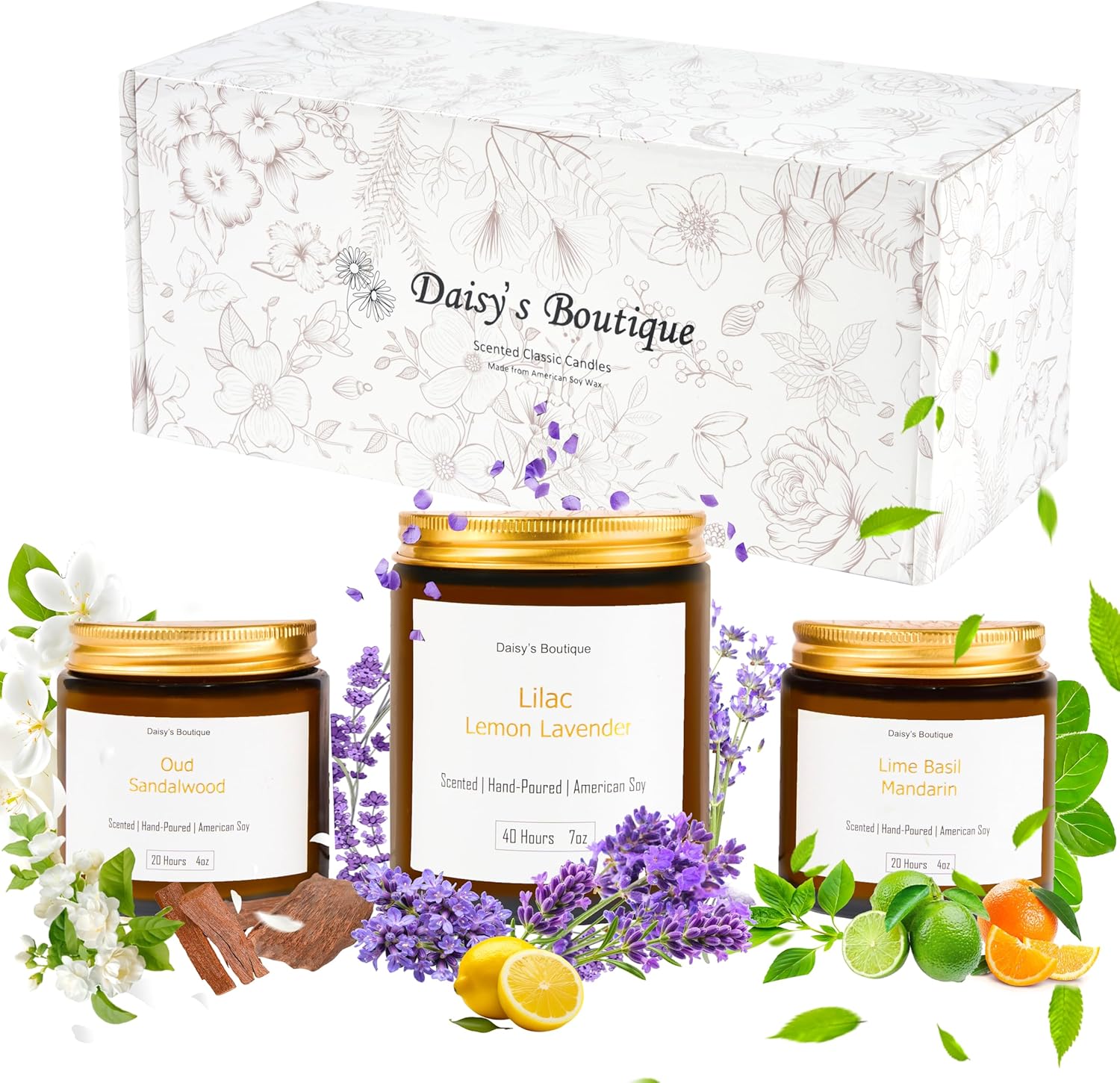 Scented Candles for Home Aromatherapy Candle Gift Present Set Soy Wax Long Lasting Gift Birthday Mother's Day Thanksgiving 3 Pack ((Lime Basil + Lavender Lilac + Jasmine Sandalwood) Amer Glass Jar)