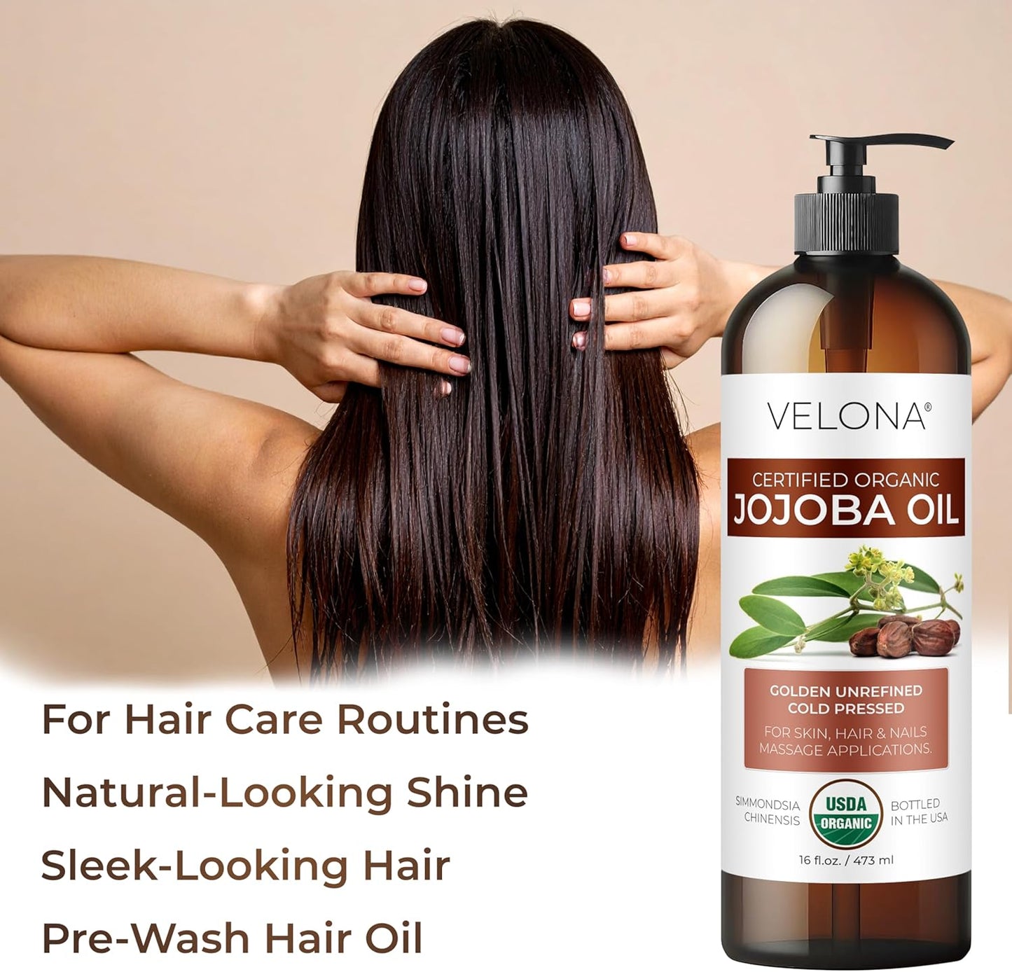 velona Jojoba Oil USDA Certified Organic - 16 fl oz (With Pump) | 100% Pure and Natural | Golden, Unrefined, Cold Pressed, Hexane Free | Moisturizing Face, Hair, Body, Skin Care