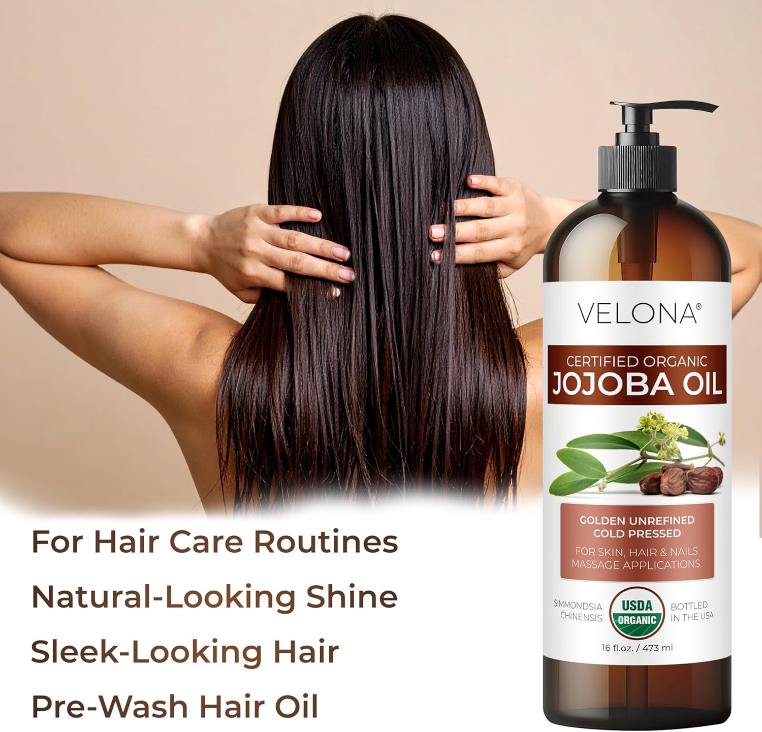 velona Jojoba Oil USDA Certified Organic - 16 fl oz (With Pump) | 100% Pure and Natural | Golden, Unrefined, Cold Pressed, Hexane Free | Moisturizing Face, Hair, Body, Skin Care