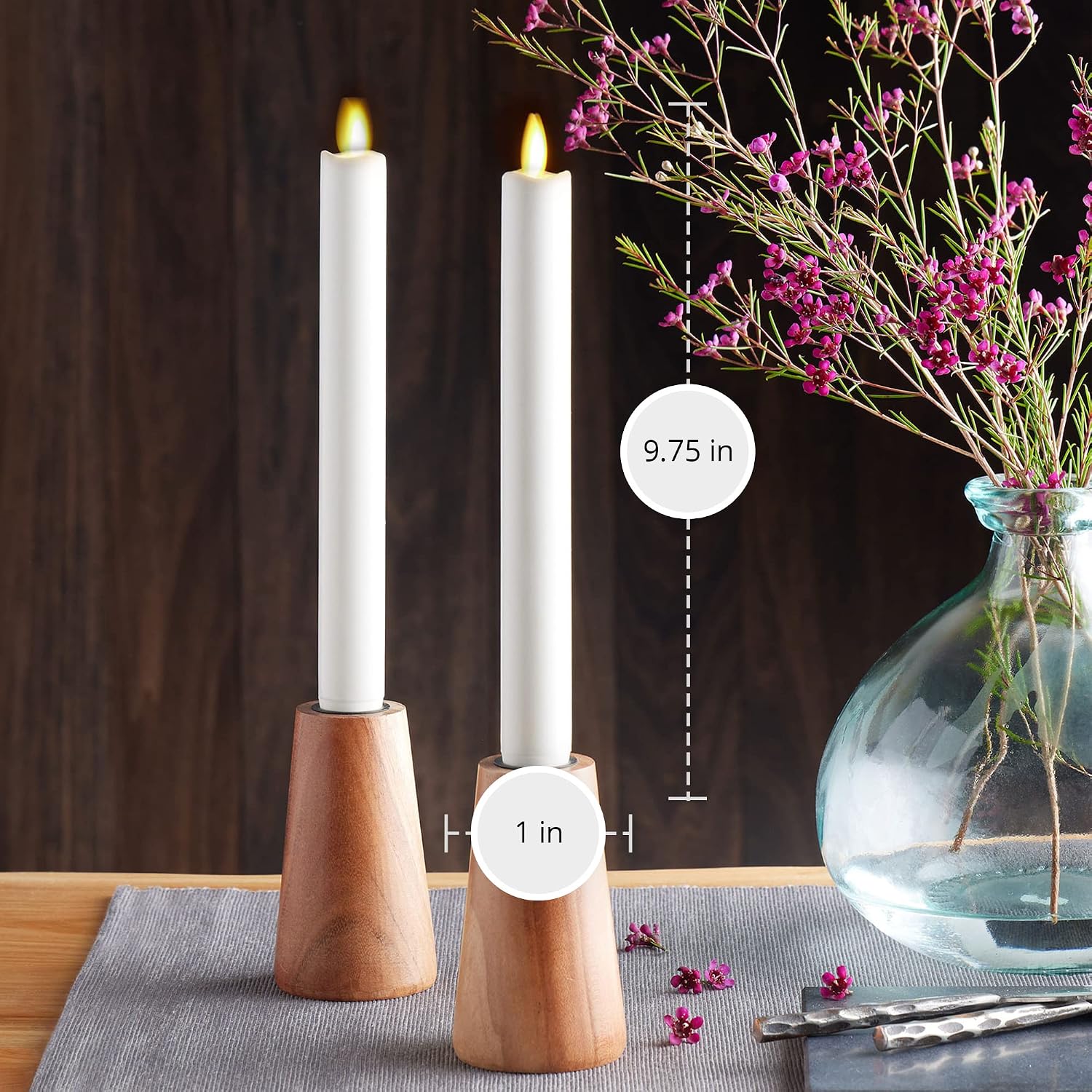 Luminara Set of 2 Moving Flame LED Taper (1x9.75), Flameless Candle, Melted Edge, Smooth Wax, Unscented (White)