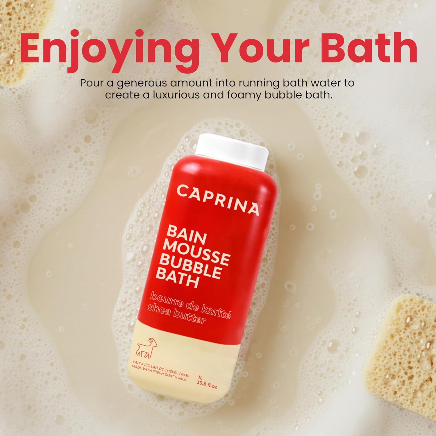 Caprina Fresh Goat’s Milk Bubble Bath, 1L, Hydrating Relaxing Foam Bath, Moisturizing and Gentle on Skin, Made in Canada (Shea Butter)