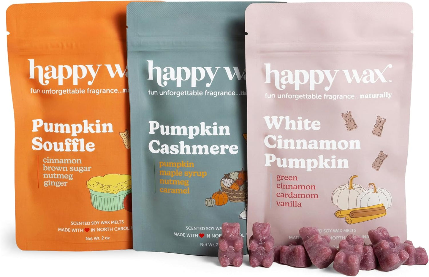 Happy Wax Cozy Pumpkin Collection: Natural, Non-Toxic Scented Soy Wax Melts – Total 6oz Variety Pack: Pumpkin Cashmere, White Cinnamon Pumpkin, Pumpkin Souffle