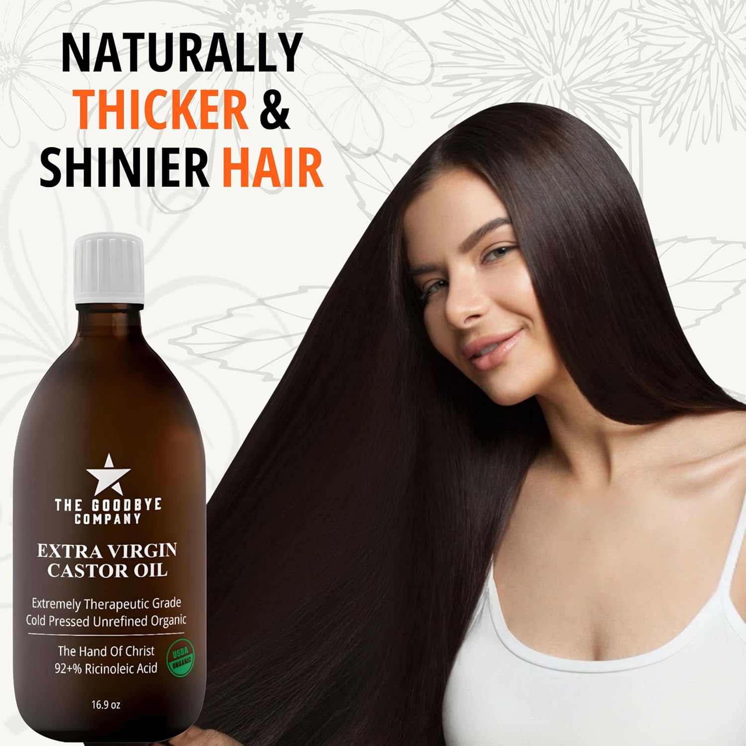 GoodBye Company USDA Organic Cold-Pressed Castor Oil, 16.9 oz Amber Glass Bottle, Hexane-Free, Extra Virgin, Food Grade, for Hair, Skin, Lashes, Brows & Digestive