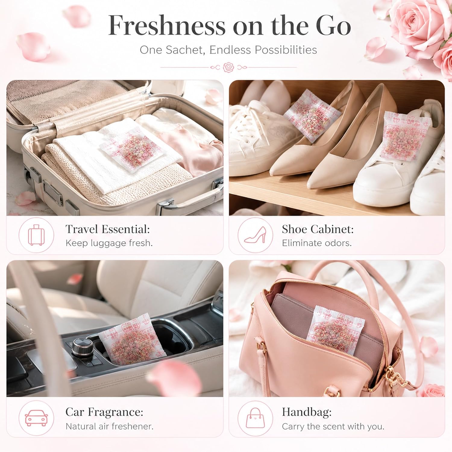 RAINFLOW Sachets for Drawers and Closets - 100 Pcs Rose Sachet Bag Natural Floral Fragrance Bags Bulk Odor Eliminator and Air Freshener for Drawer,Clothes Storage and Small Spaces