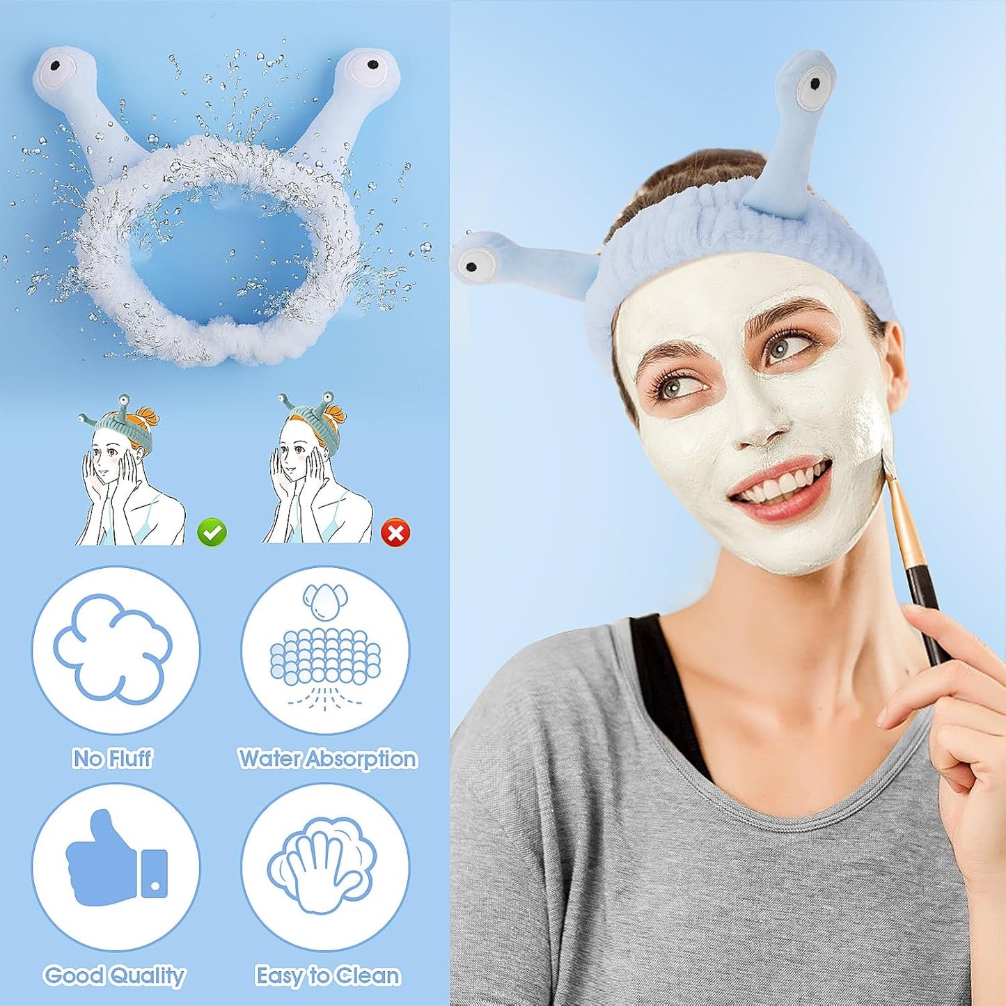 Molain Face Wash Headband, Palm and Snail Spa Hair Bands Makeup Headbands Women Cartoon Cute Coral Fleece Elastic Headband Creative Hair Accessories for Washing Face Shower Sports (Blue)