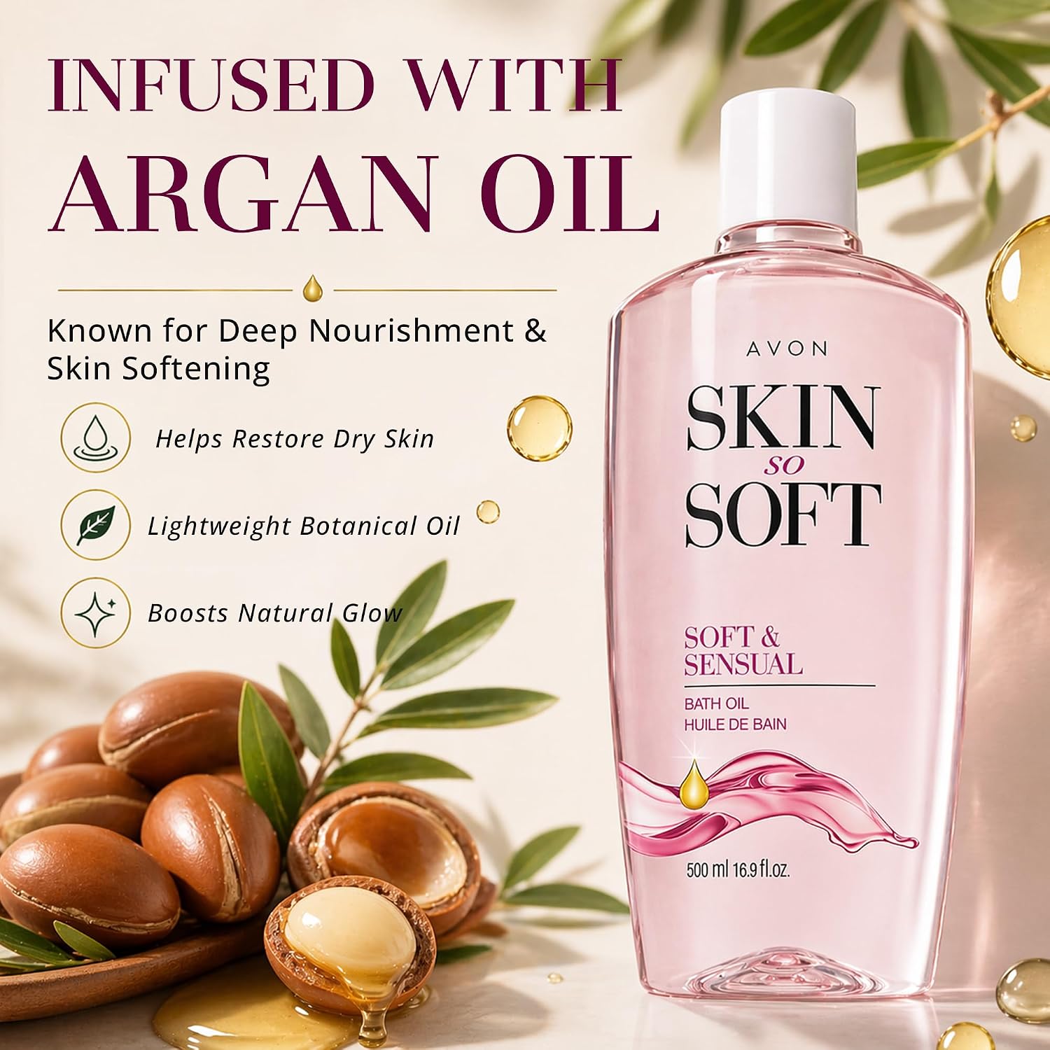 AVON Skin So Soft Soft & Sensual Bath Oil with Argan— Moisturizing Shower Oil for Dry Skin — Hydrating in & After-Shower Care for Women & Men —Non Greasy, Scented Bath and Body Essential, 16.9 fl oz