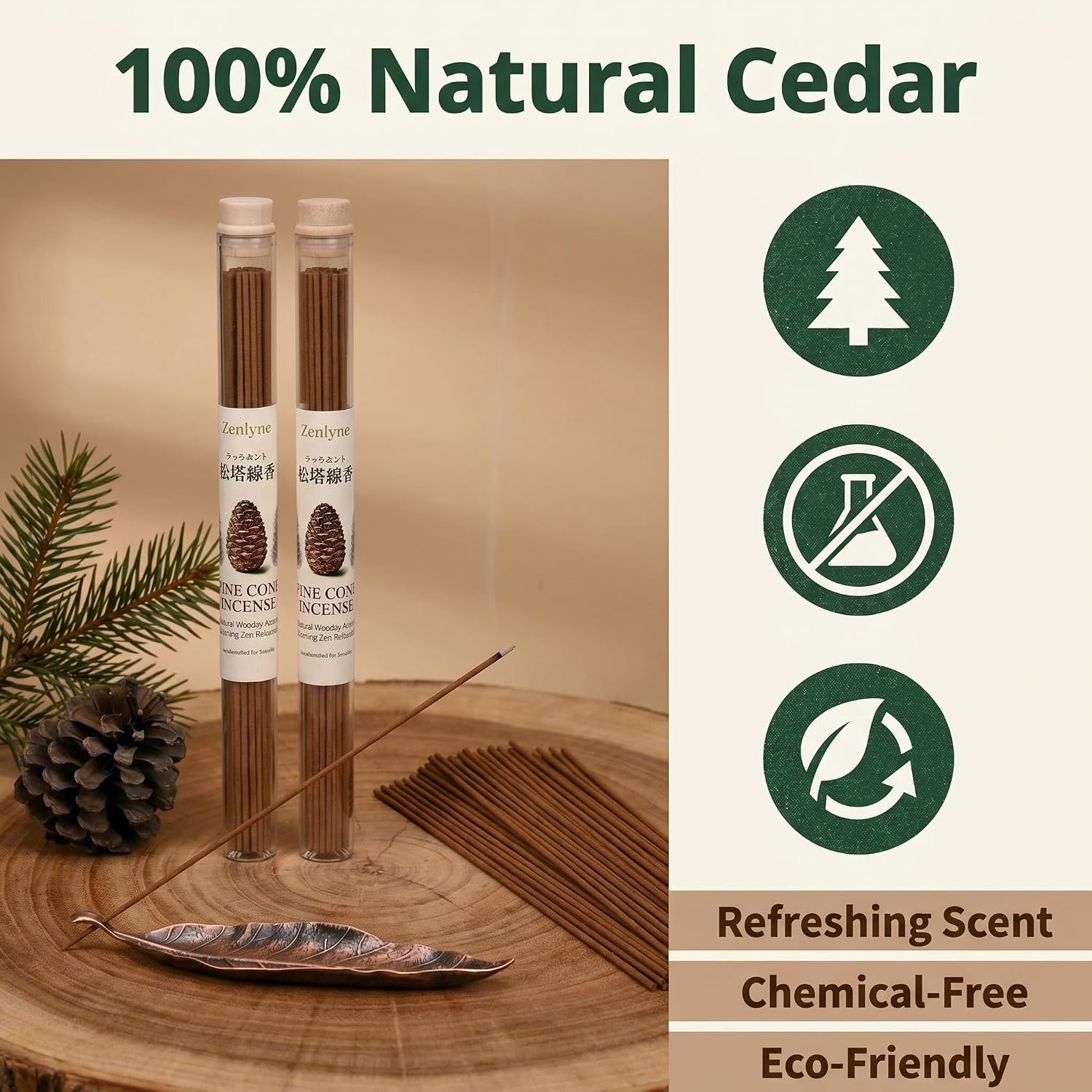 Pine Cone Incense Sticks,Natural Woodsy Aroma for Daily Aromatherapy & Meditation, Crisp Cedarwood & Forest Healing Scent, Calming Zen Relaxation, Handcrafted with Leaf Incense Holder